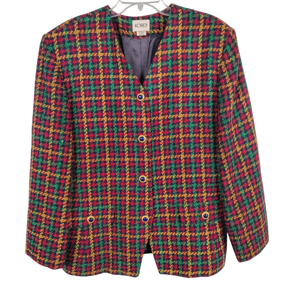 Koret Womens SZ 16 Blazer Multicolor Plaid Wool Blend Academia Vintage